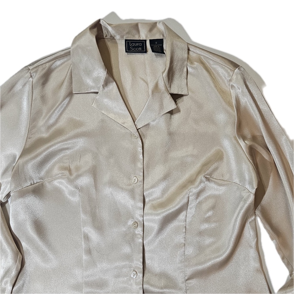 Laura Scott Shirt Womens 8 Beige Satin‎ Look Button Front Long Sleeve Blouse